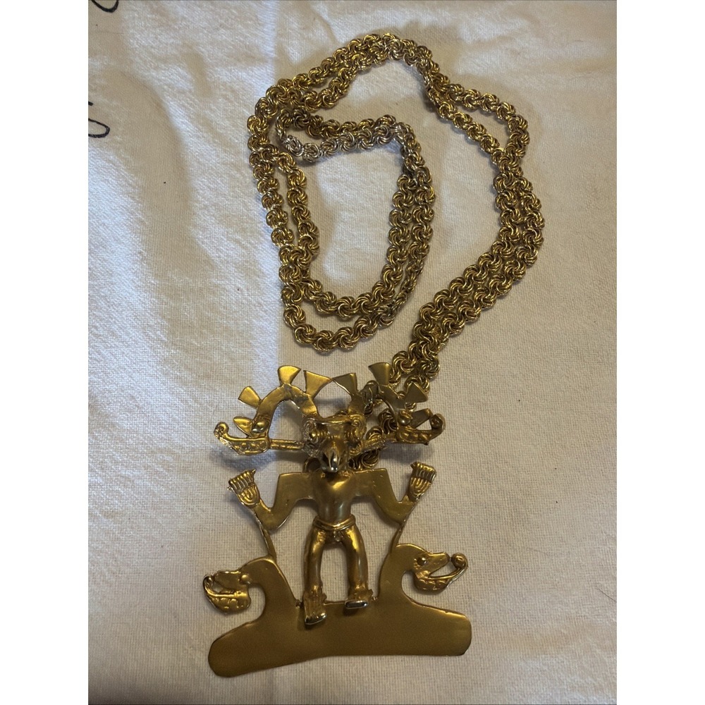 Vntg Gold Tone Alva Studios Museum Replica Aztec Bird Man Necklace Pendant Chain